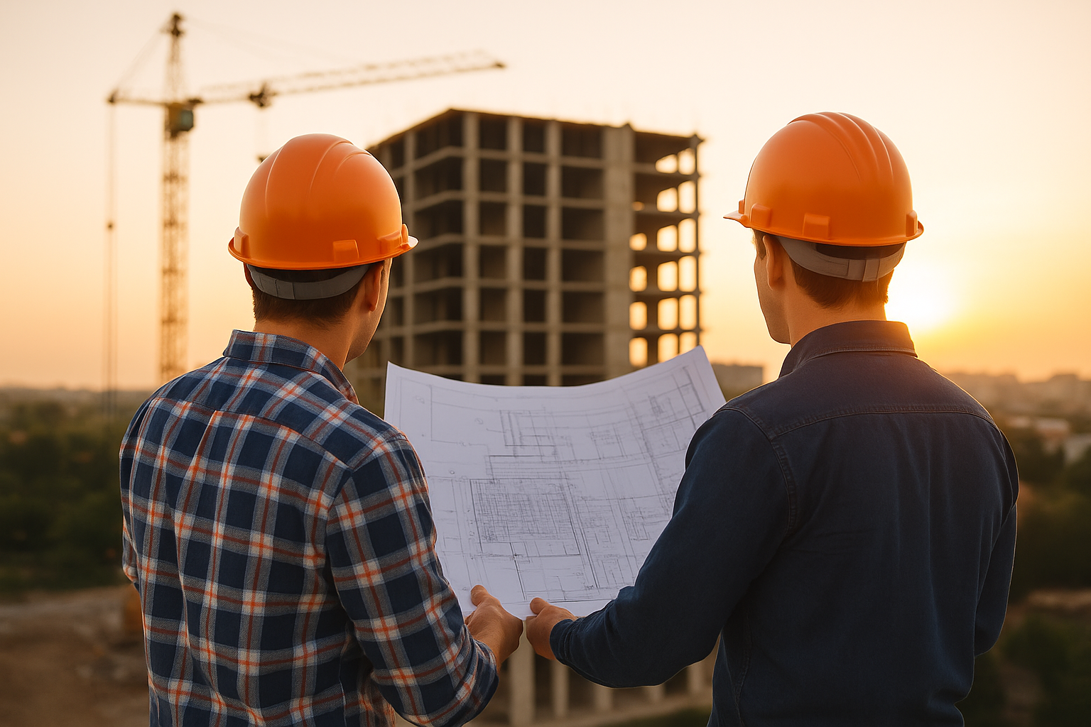 Dos profesionales con casco revisando planos frente a una obra