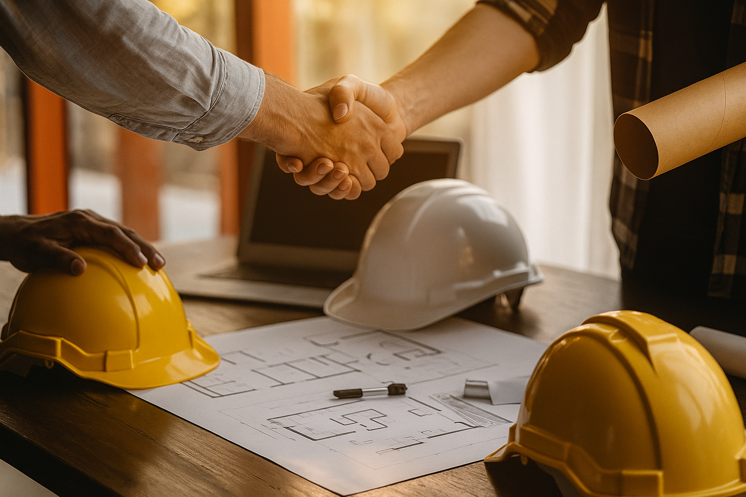 Planos de obra con cascos de seguridad sobre mesa